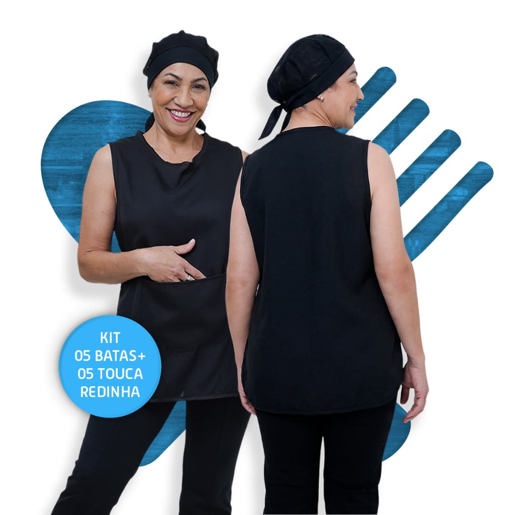 Kit Com 5 Bata Avental Jaleco e 5 Touca Cozinha Uniforme Restaurante Lanchonete