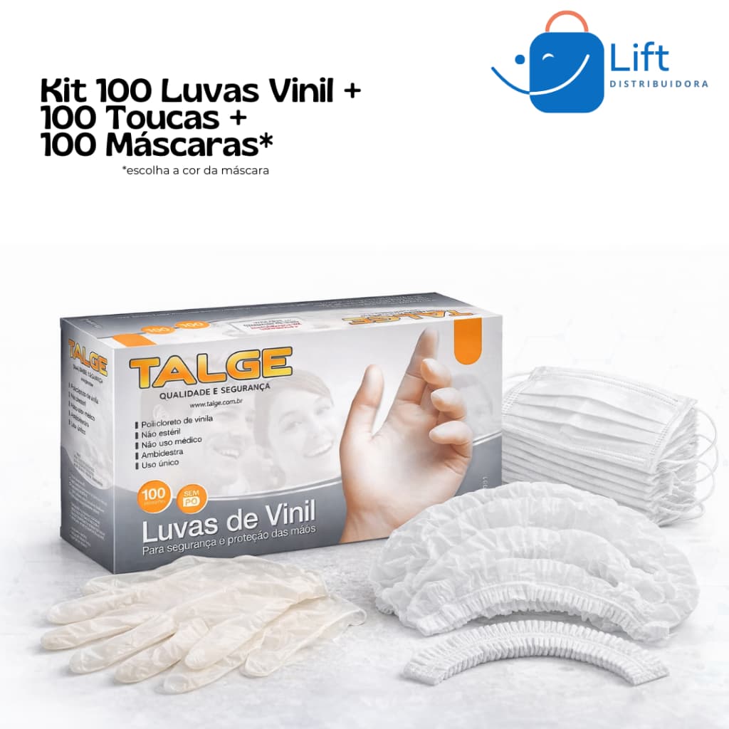 Kit 100 Luvas Vinil Sem Pó +  100 Toucas Descartáveis Branca +  100 Máscaras Descartáveis*