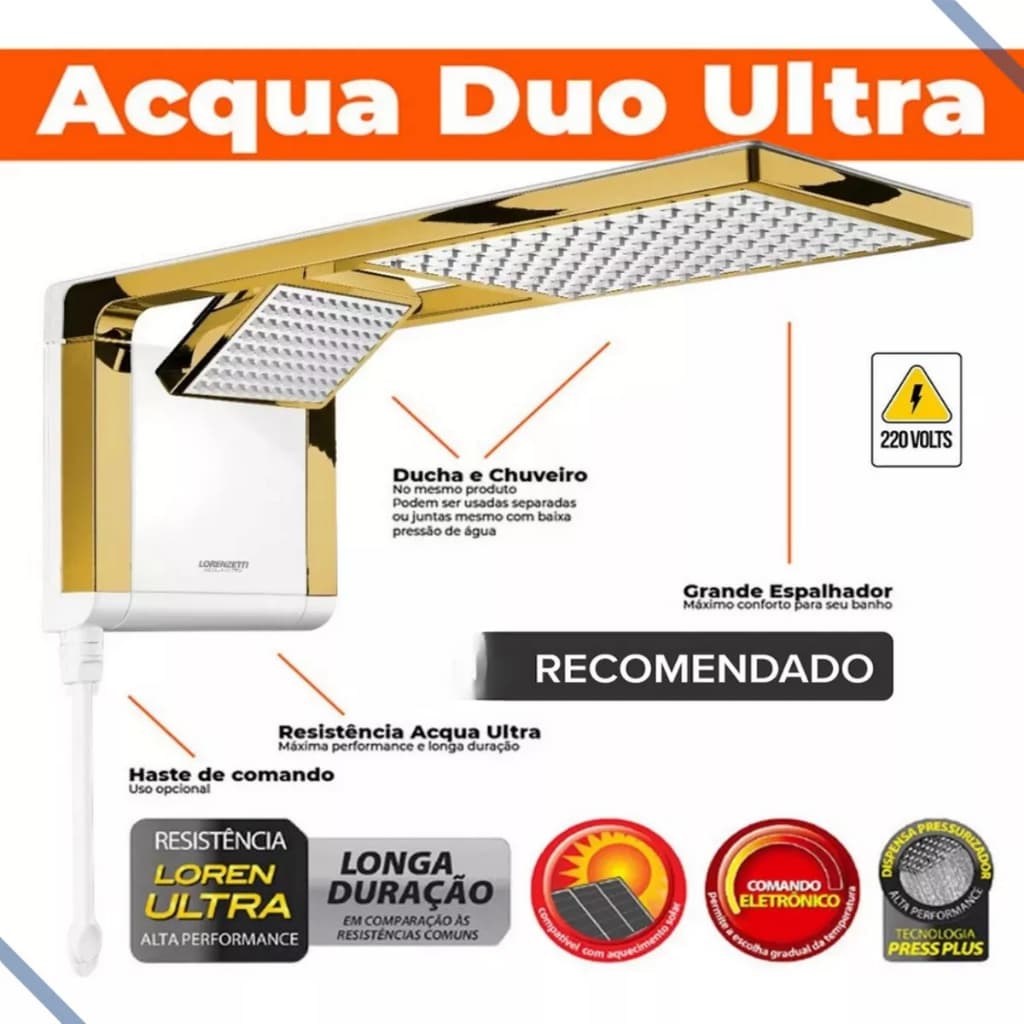 Chuveiro Lorenzetti Acqua Duo - Branco com Dourado Brilhante