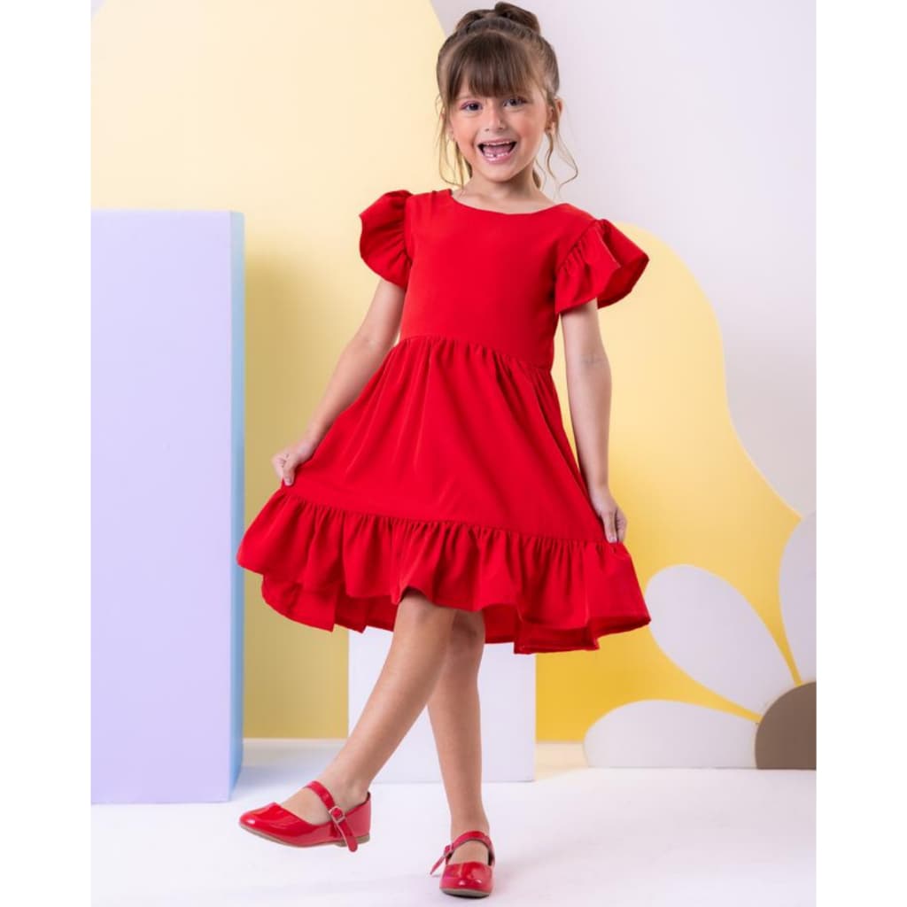 VESTIDO INFANTIL VERMELHO LISO FESTA MENINA CASUAL RODADO FESTA IGREJA ANIVERSARIO