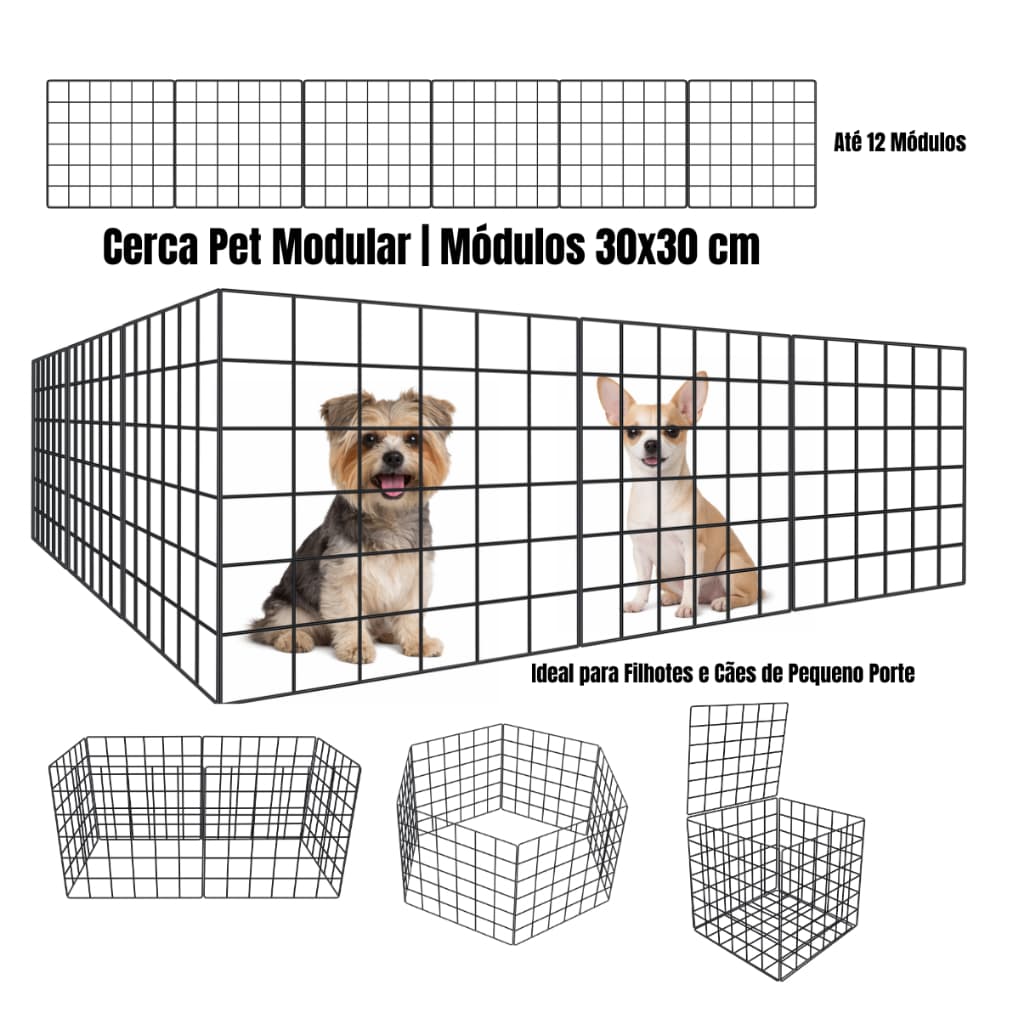 Cercadinho Pet para Cachorro Filhote Grade de Metal 30x30 cm Até 12 Módulos