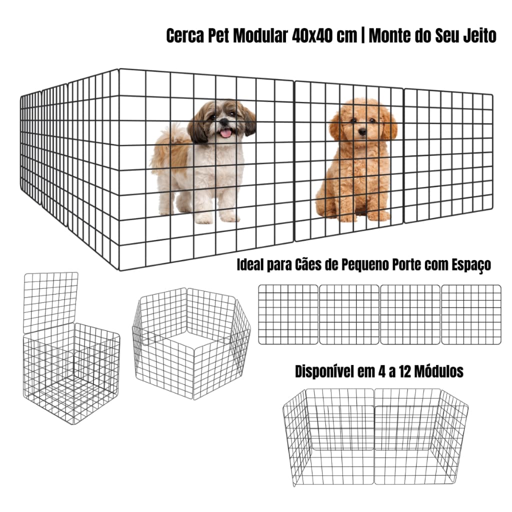 Cercado Pet para Cachorro Ajustável 100% Aço Até 12 Módulos 40x40cm