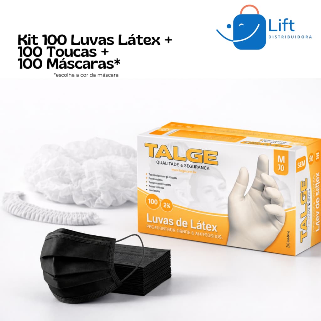 Kit 100 Luvas Látex COM PÓ + 100 Toucas Descartáveis Branca + 100 Máscaras Descartáveis