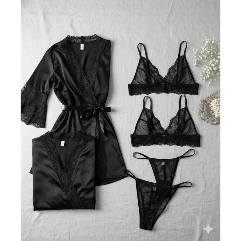 Robe +2 conjuntos de tule lingerie com detalhes em renda e manga 3/4 no robe e fita de cetin