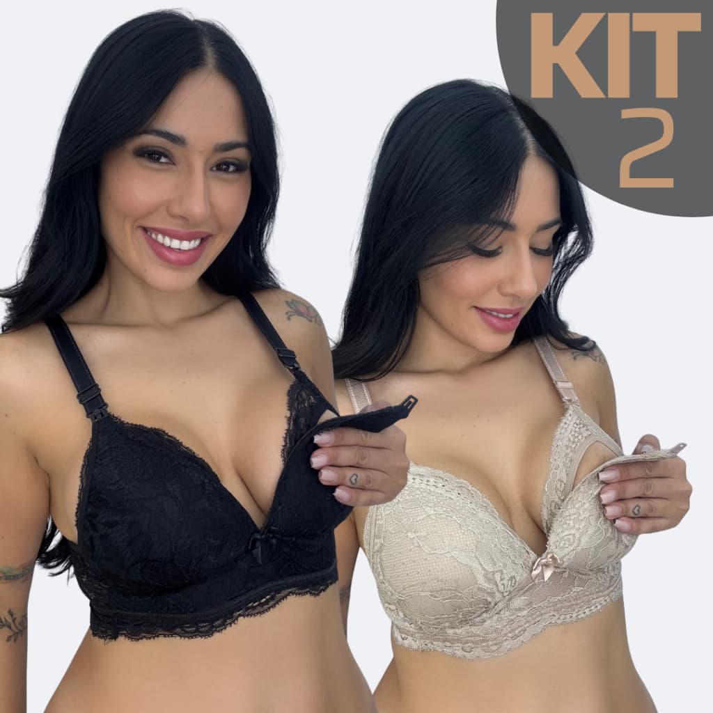 KIT 2 Sutiã Amamentação Premium Bojo Soft Não Amassa De Renda Reforçado Maternidade Gestante Pós Parto Confortável