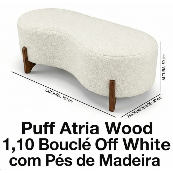 🛋️ Puff Atria Wood 1,10m em Bouclé Off White • Pés de Madeira • Design Orgânico Moderno para Sala e Quarto ✨