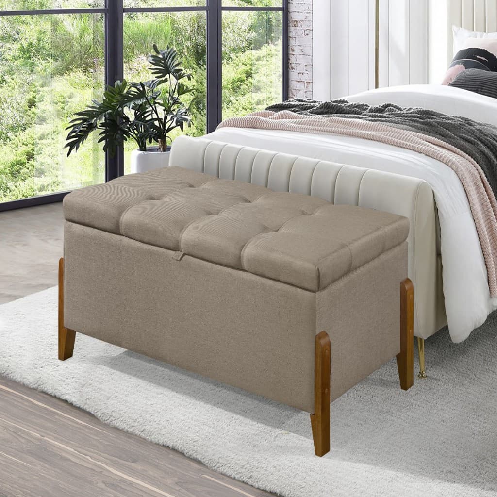 Organizador Sapateira Bau Recamier Viena 90cm  Solteiro Linho Guarda Enxoval Cobertas Pes de Madeira