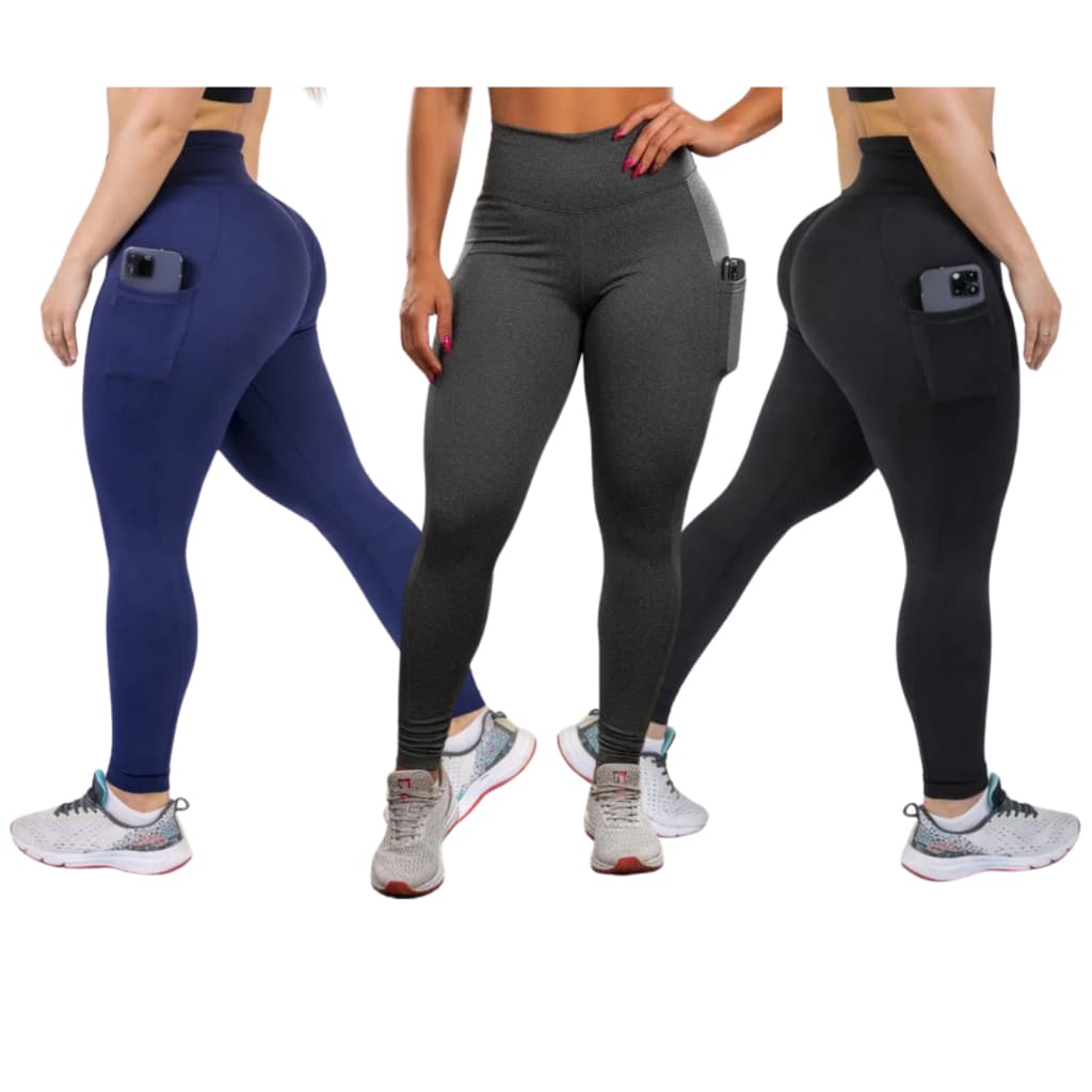 Kit 3 Calças Legging C/ Bolso Cós Alto Suplex Corrida Academia Trabalho