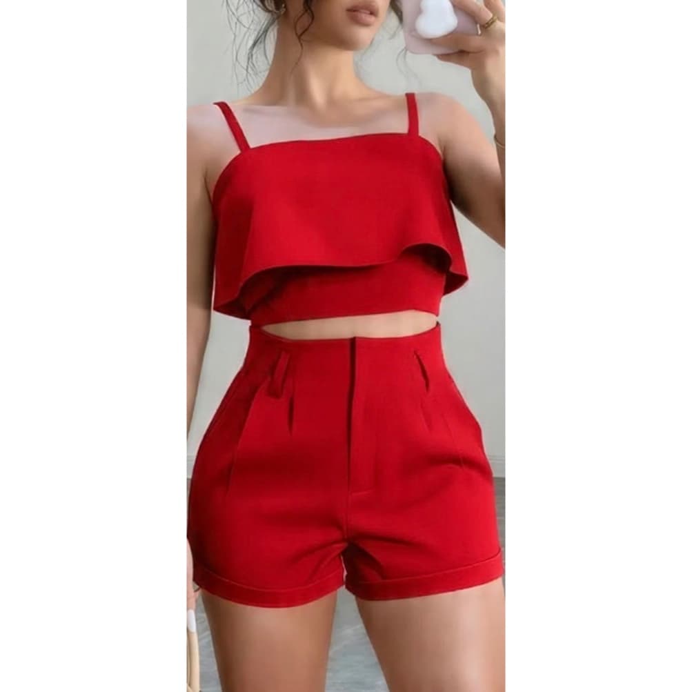 Conjunto Cropped Babado, Alça Regulável e Short, Bolso em Tecido Alfaiataria - Disponível em Diversas Cores e Tamanhos