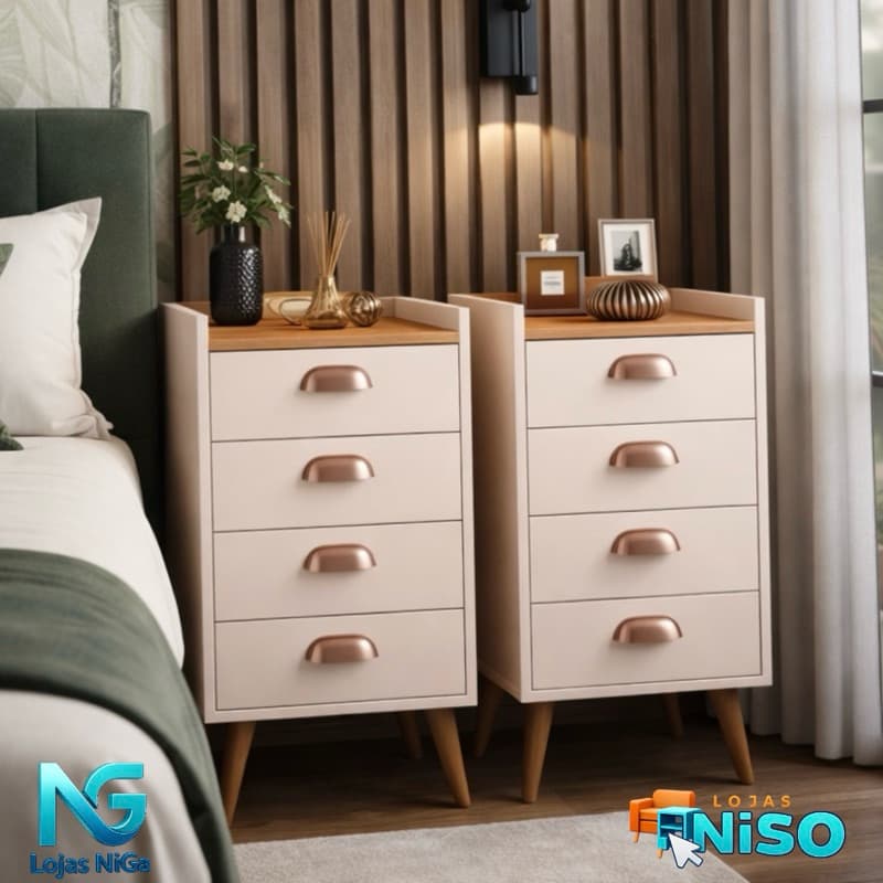 Mesa de Cabeceira  Mini Cômoda Monet 04 Gavetas Concha Pés Palito Quarto Organizador - LANÇAMENTOr