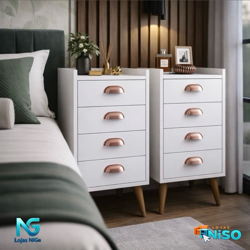 Mesa Cabeceira Mini Cômoda Luxo Concha Monet 04 Gavetas Pés Palito Quarto Organizador - LANÇAMENTO