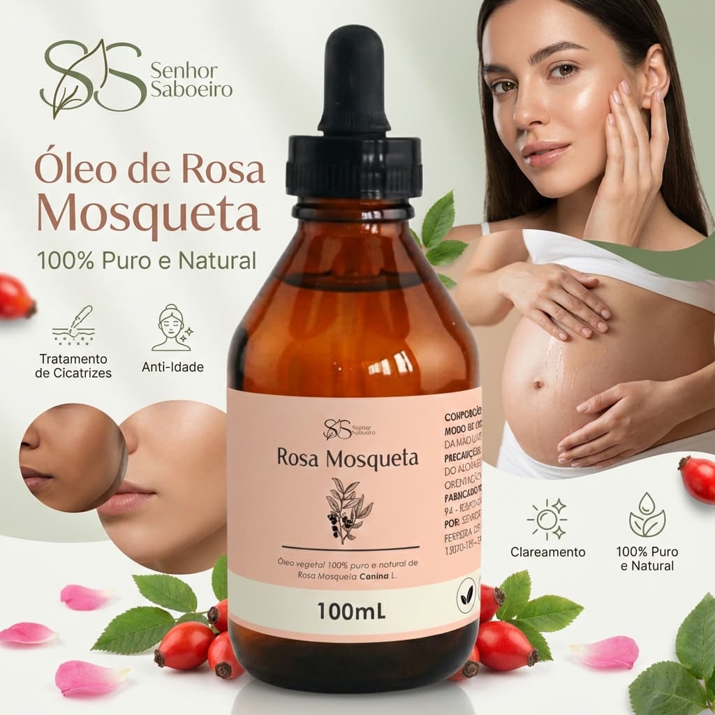 Óleo de Rosa Mosqueta 100% Puro Anti Estrias Celulites Clareador Manchas Pele - 100 mL