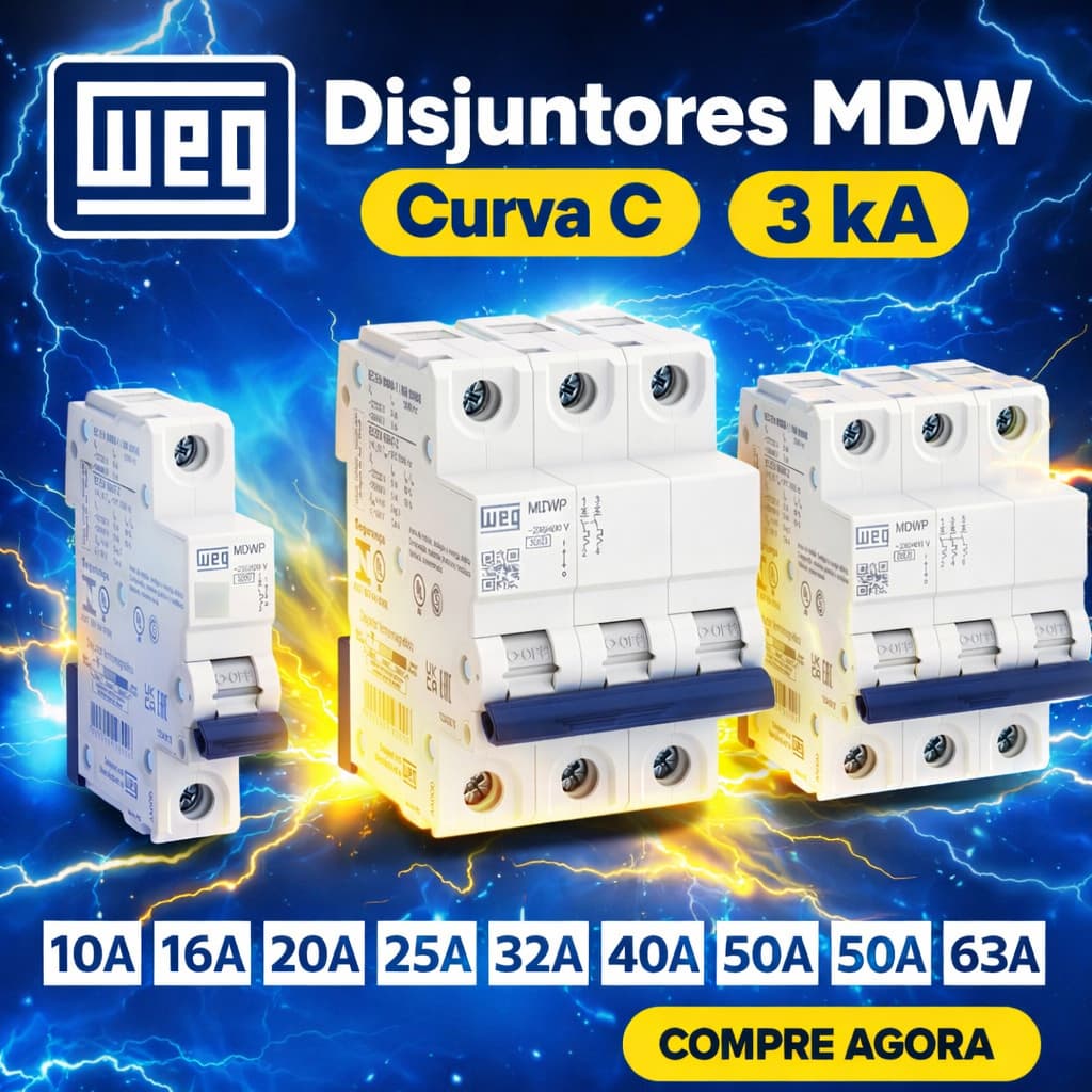 Disjuntor WEG DIN Curva C 3kA MDWP 10A 16A 20A 25A 32A 40A 50A 63A Unipolar Bipolar Tripolar