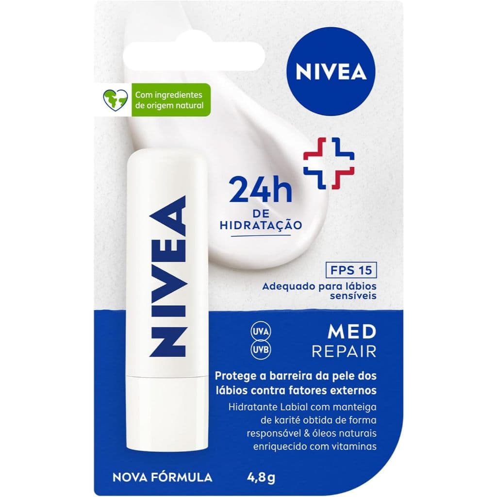 NIVEA Protetor Labial Med Repair FPS15 4,8g - Hidrata e regenera os lábios ressecados e machucados, com Vitamina E e óle