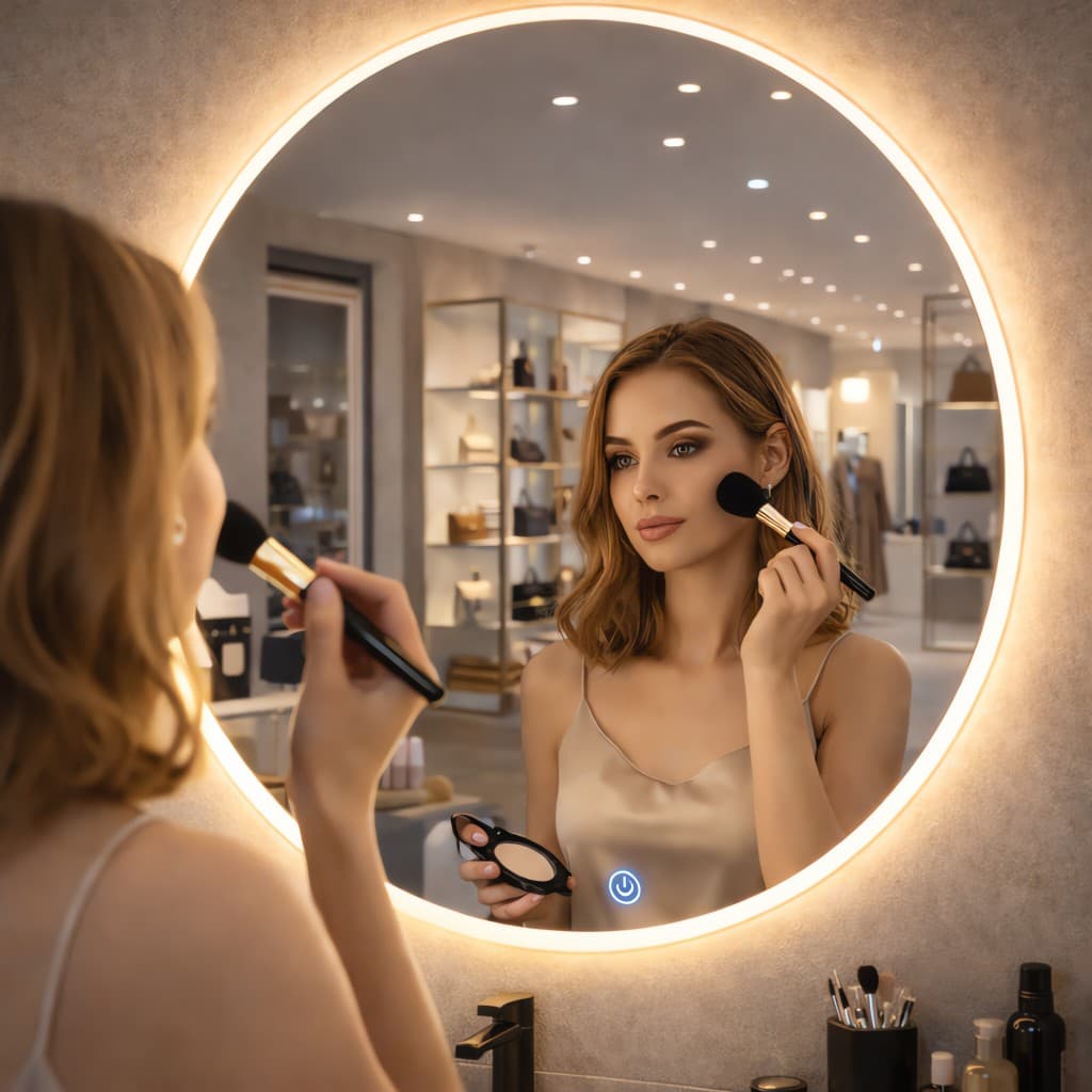 espelho Led redondo botão touch lançamento blogueira com suporte fonte quarto banheiro