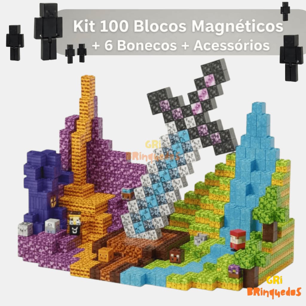 Kit Blocos Magnéticos 32 / 61 / 96 / 140 Peças + 6 Bonecos Brinquedo Educativo Infantil 3D
