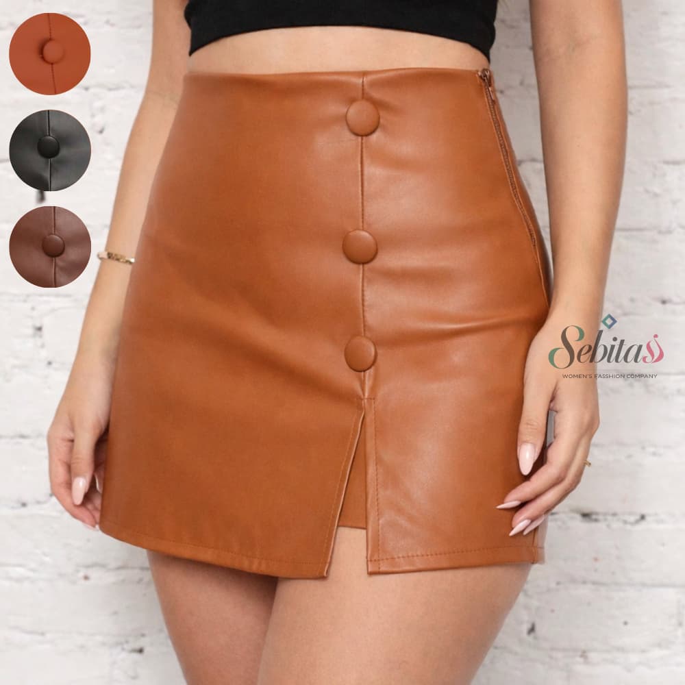 Short Saia Feminina Cintura Alta com Botões Forrado Couro P M G GG Inverno e Verão