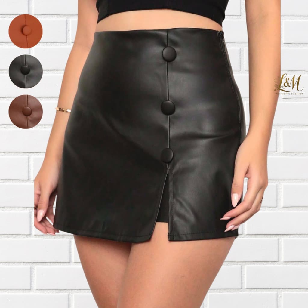 Short Saia Couro Feminino Cintura Alta Courinho Botão Forrado Tendência 2025