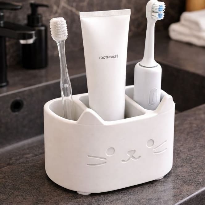 Organizador Banheiro Porta Escova  Dente Pasta Gatinho Fofo - Suporte Decorativo Minimalista Moderno