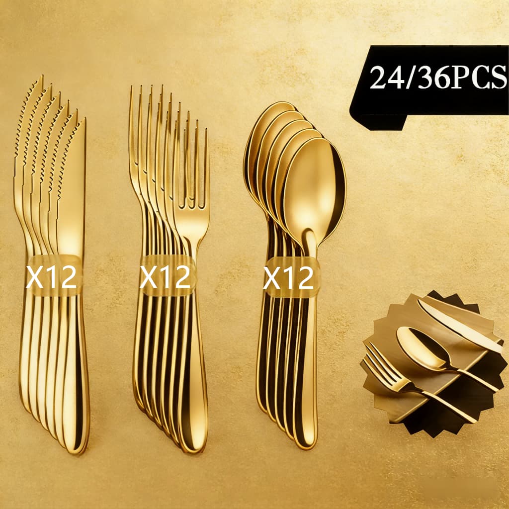 36/24 Peças Talheres de Aço Inox Dourada Garfo Colher Faca Faqueiro