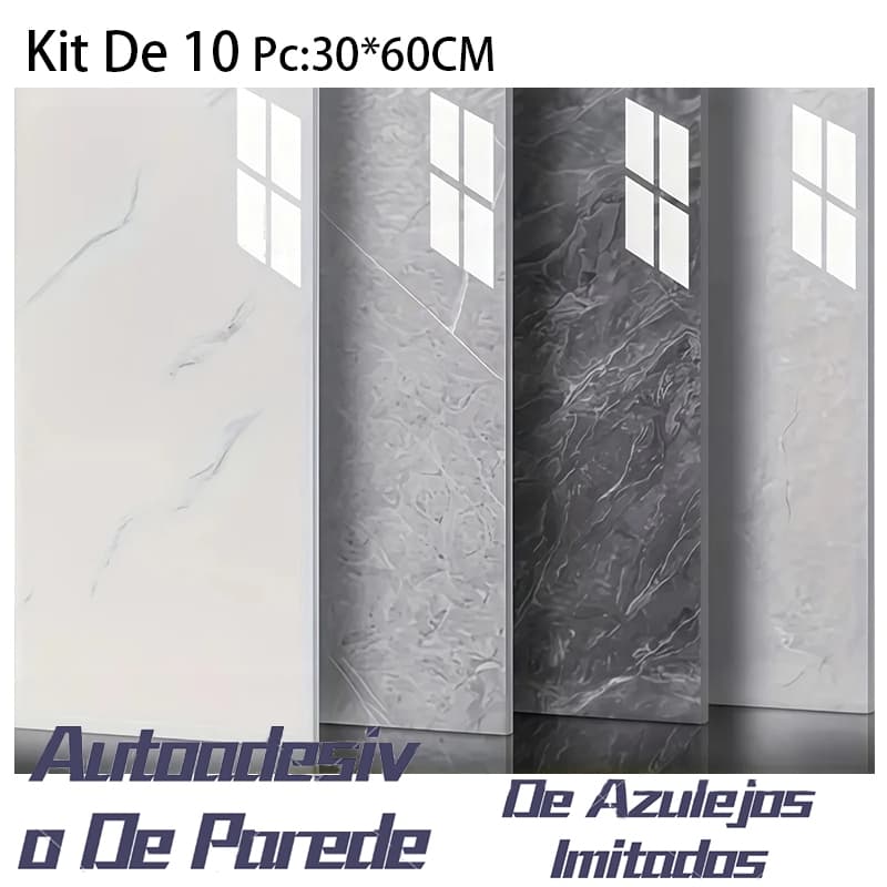 KIT 10 Adesivos de Parede 60CMx30CM Revestimento em Mármore Placas Adesivas Banheiro Cozinha Lavabo Cerâmica