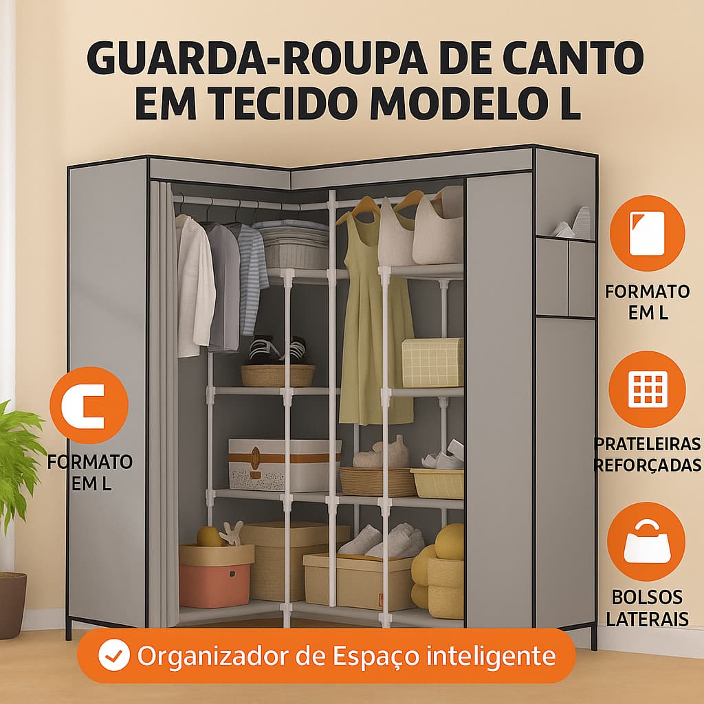 Guarda-Roupa de Canto em Tecido Modelo L com Prateleiras, Cabideiros e Bolsos – Dobrável e Econômico de Espaço