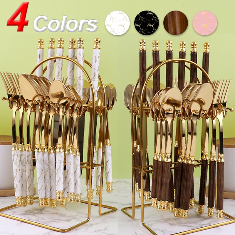 【😍Novas chegadas!!!】Kit 24 talheres de aço inoxidável de luxo Conjunto de talheres, garfo e colher de padrão de mármore