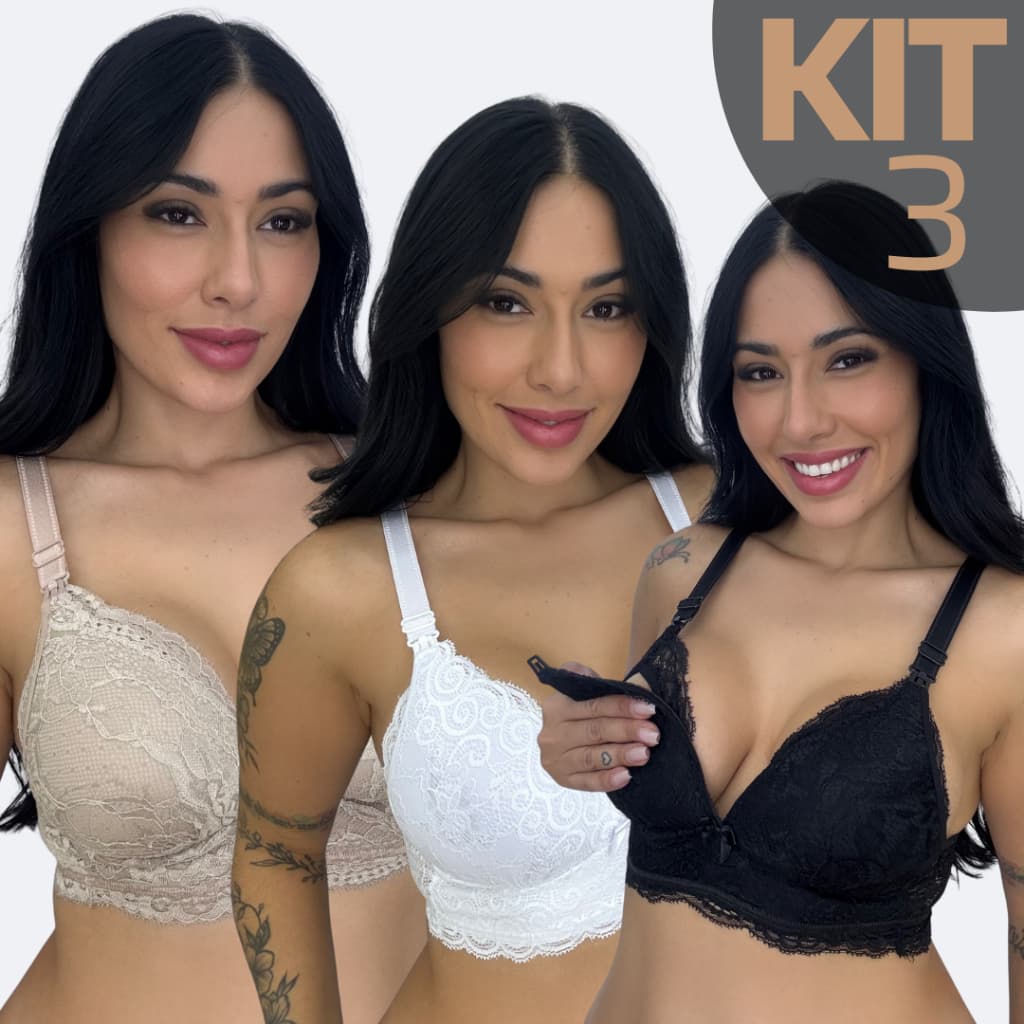 KIT 3 Sutiã Amamentação Premium Bojo Soft Não Amassa De Renda Reforçado Maternidade Gestante Pós Parto Confortável