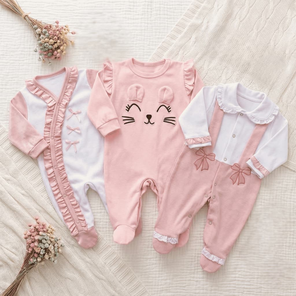 Kit macacões bebê menina 3 peças em algodão Eloá