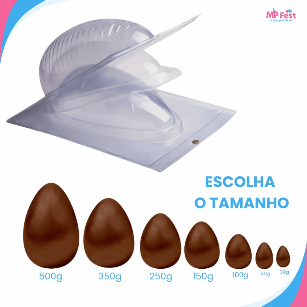 Forma Ovo de Páscoa com Silicone VÁRIOS TAMANHOS - Suporte e Molde Ovo de Páscoa (3 partes) 30,50,100,150,250,350 e 500g