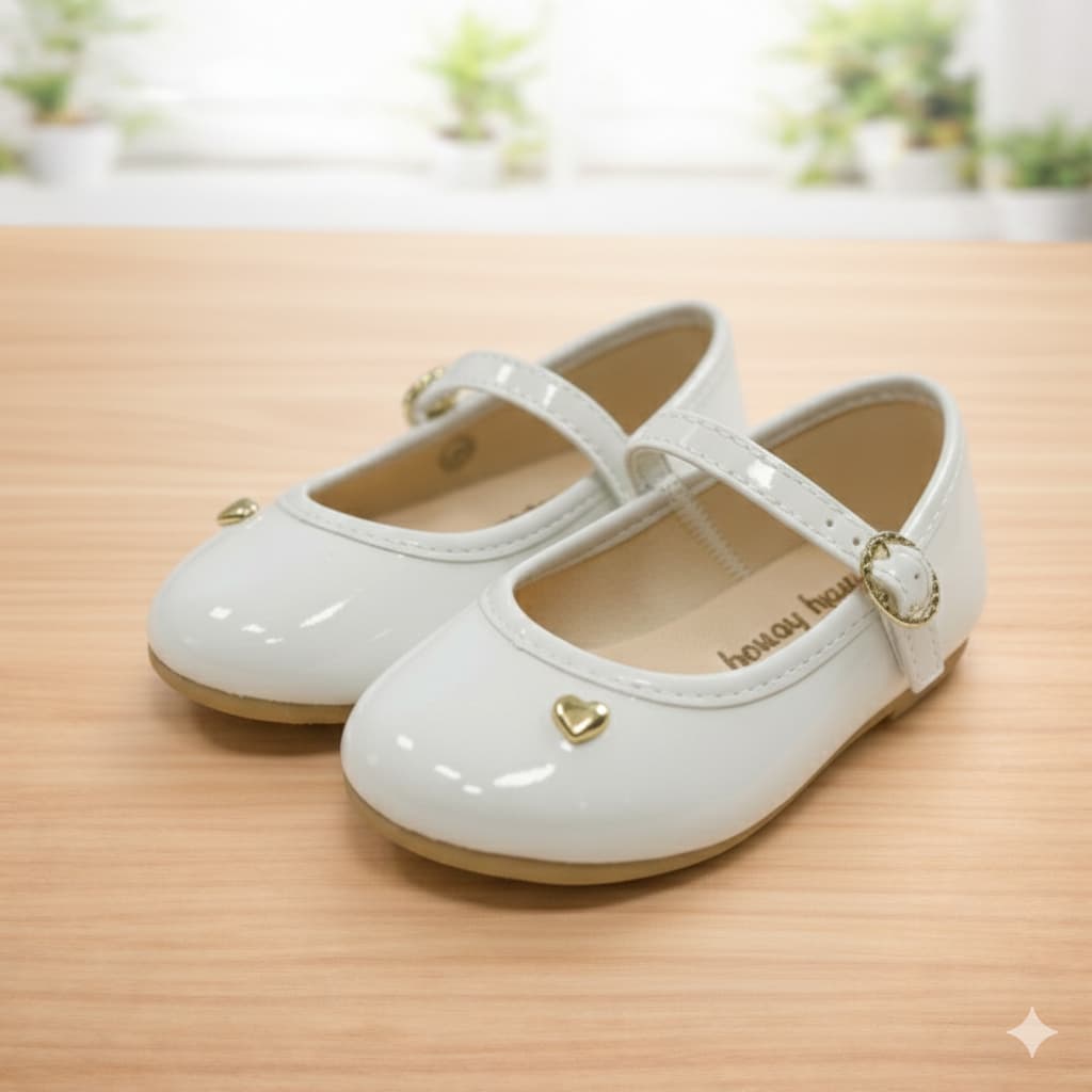 Sapatilha Infantil Feminina Branca Coração Batizado Verniz– Confortável, Antiderrapante |  Menina