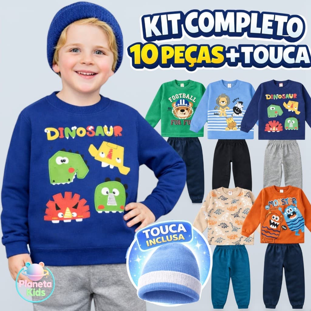 Kit 10 Peças Moletom + Touca Infantil Menino 1 a 8 Inverno