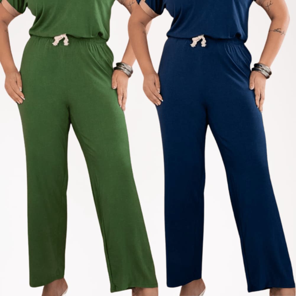 Calça Feminina Pantalona Confortável Cós Alto Elástico Trabalho Dia a Dia Casual