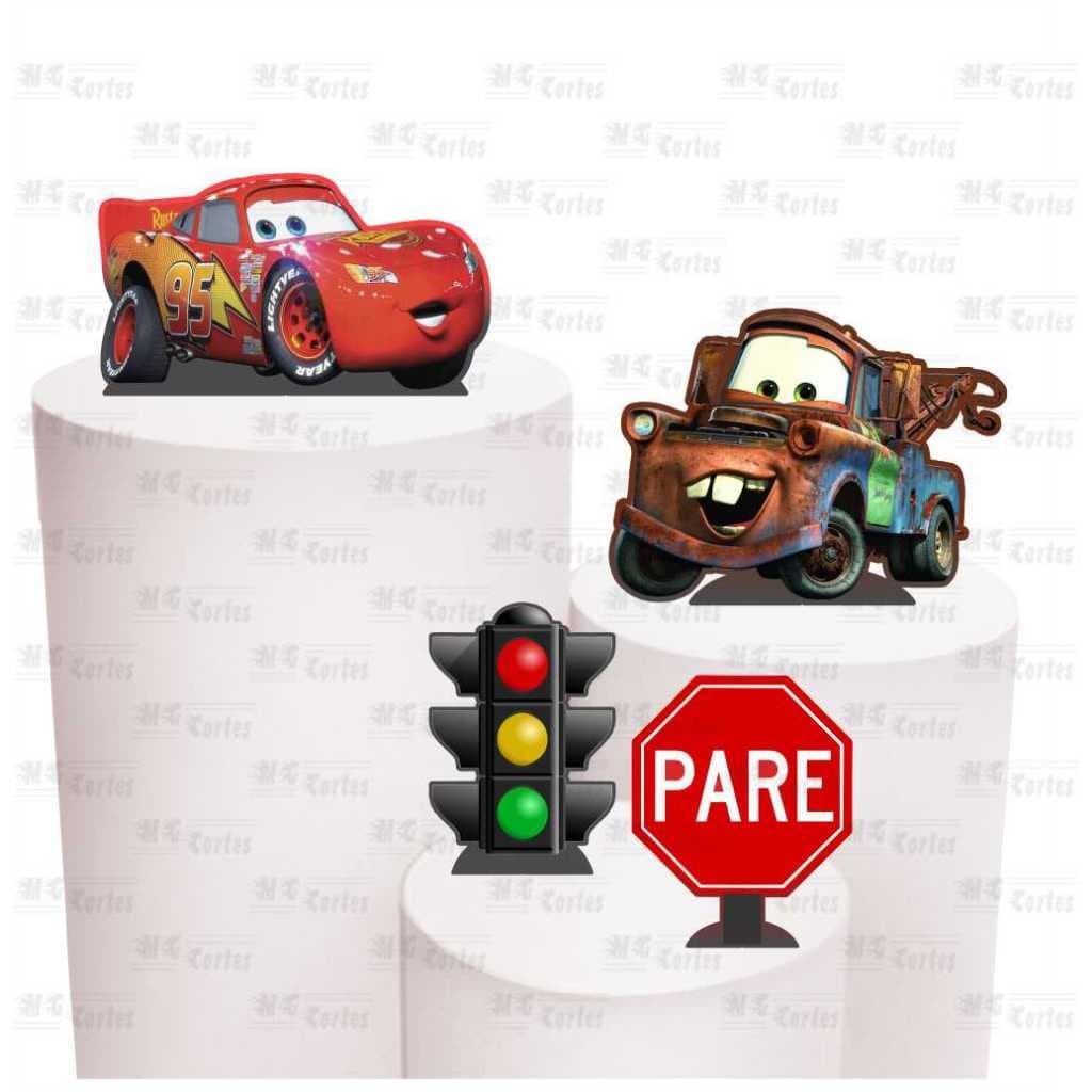 Kit de Display 4 de 20cm Totens para Decoração de Festa Tema Carros em MDF Cortado a Laser