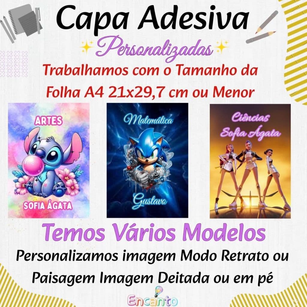 Capa para Caderno Personalizada Adesiva Resistente a Água, Temos varios Temas
