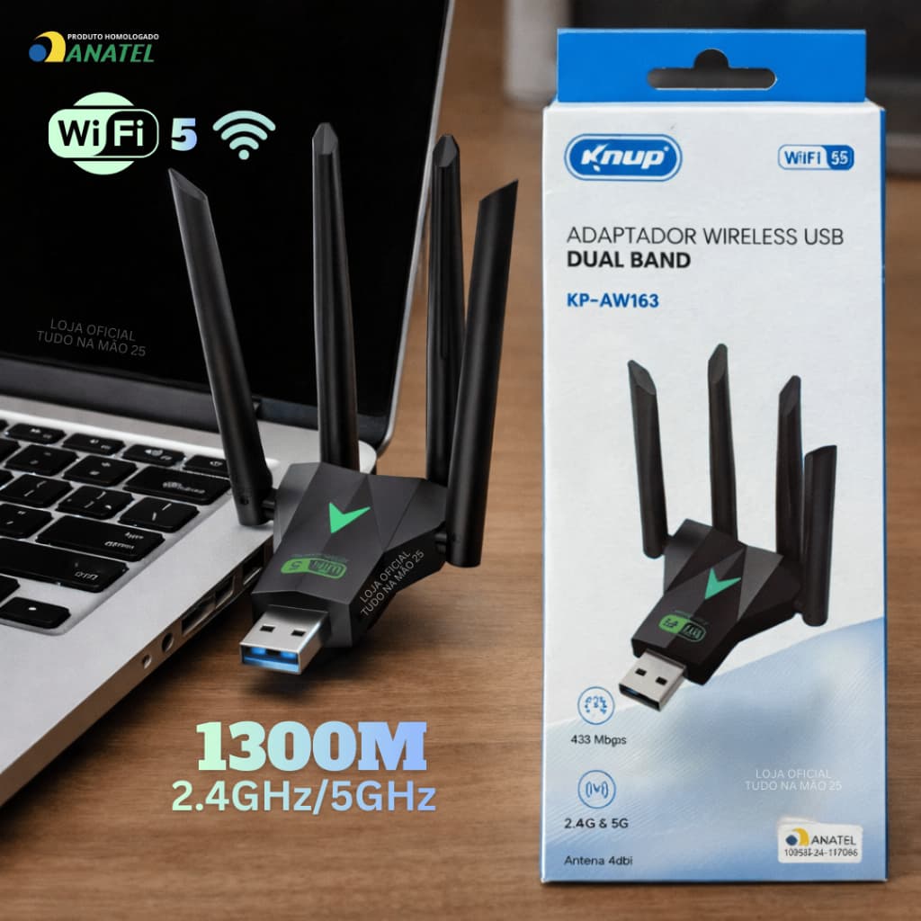 [NOVO] Adaptador Receptor Wifi 4 Antena USB Wireless Dual Band 1300Mpbs Notebook Internet High Speed