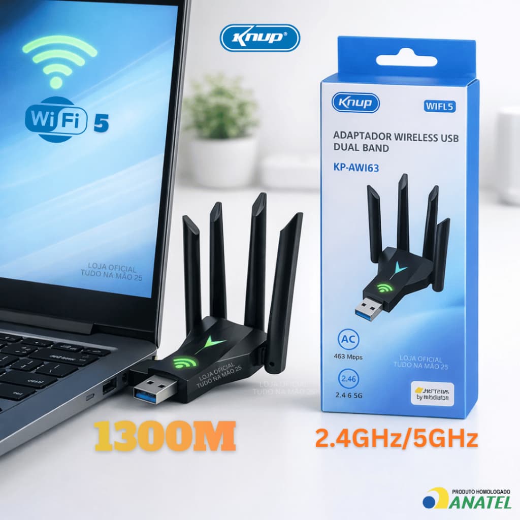 Adaptador Receptor Wifi 4 Antenas USB Wireless Dual Band 1300 Mpbs Notebook PC Internet Ultra Veloz