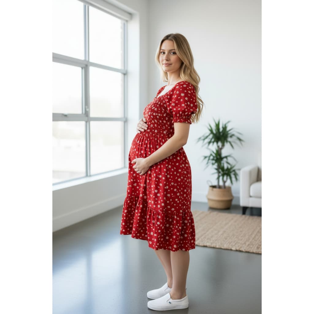 Vestido Estampado Floral Gestante Gravidas Midi Manga Princesa Confortavel Elegante Camponesa Soltinho Manga Curta