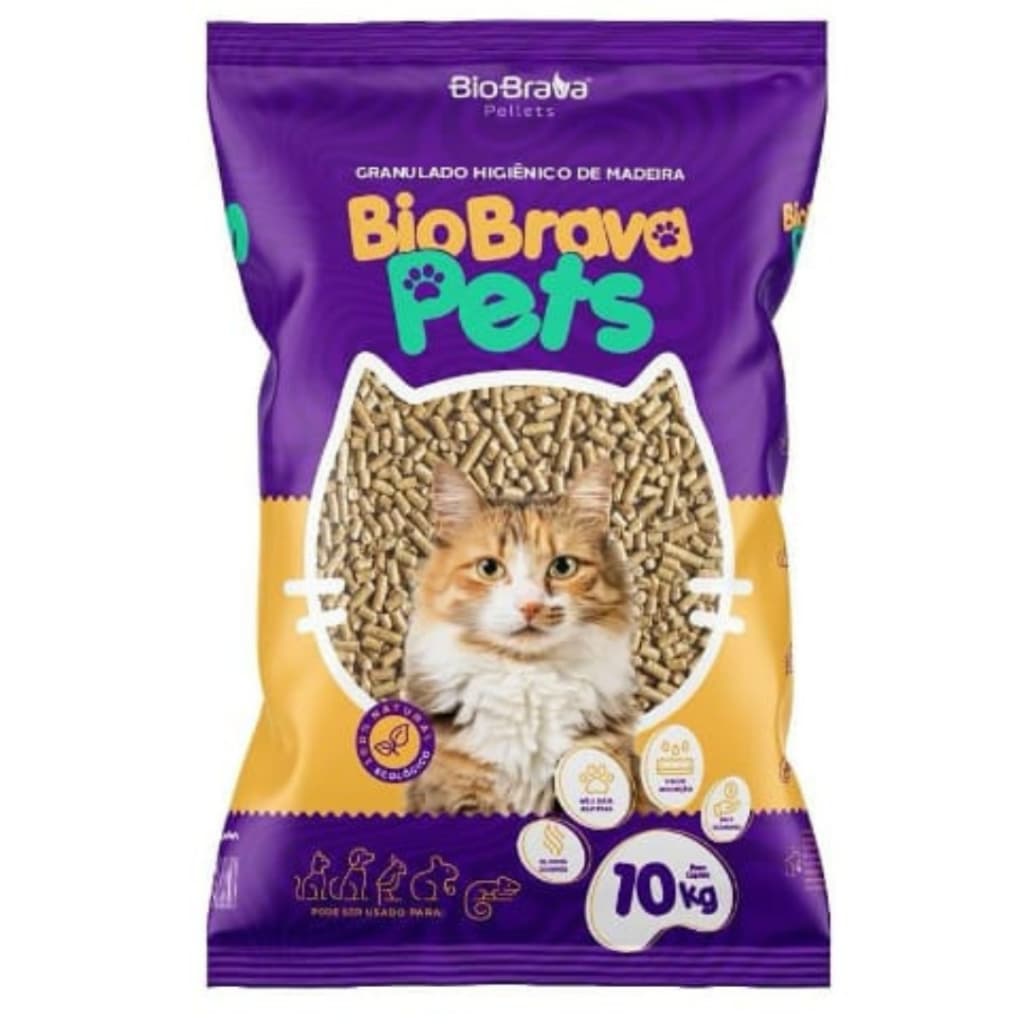 Granulado de Madeira Biodegradável Higiênico 10kg Para Gatos, Aves e Roedores Bio Brava