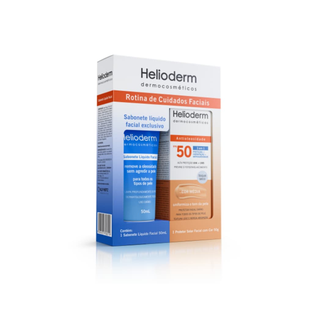 Kit Rotina de Cuidados Faciais Protetor Solar Facial Cor Média + Sabonete Líquido Facial Helioderm