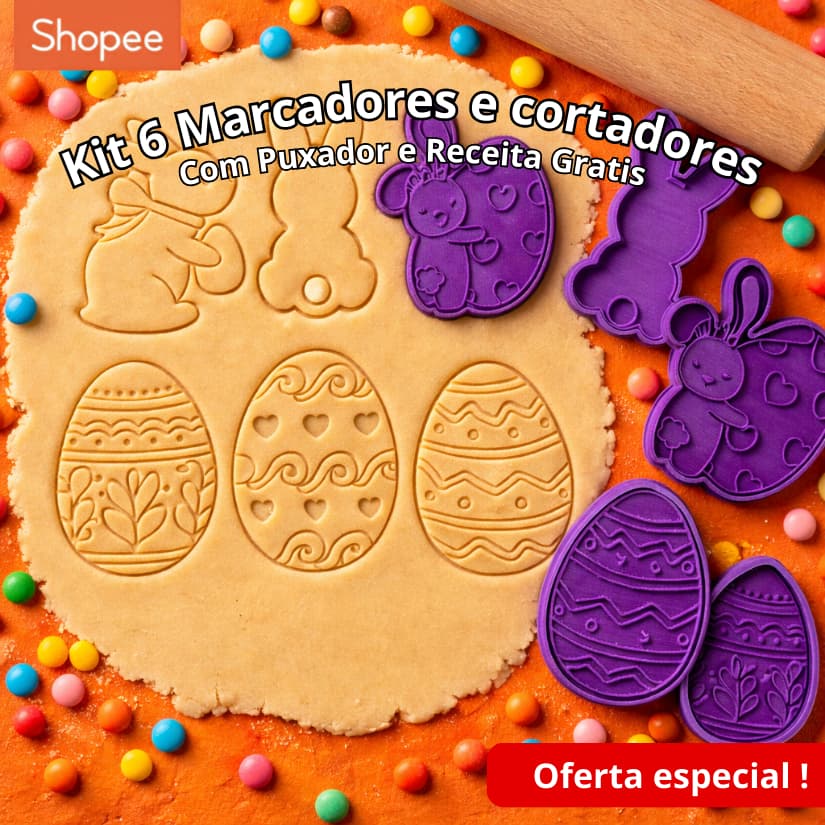 Kit 6 Cortadores de Páscoa: Coelhos e Ovos, Pasta Americana e Confeitari, biscoito amantegado.