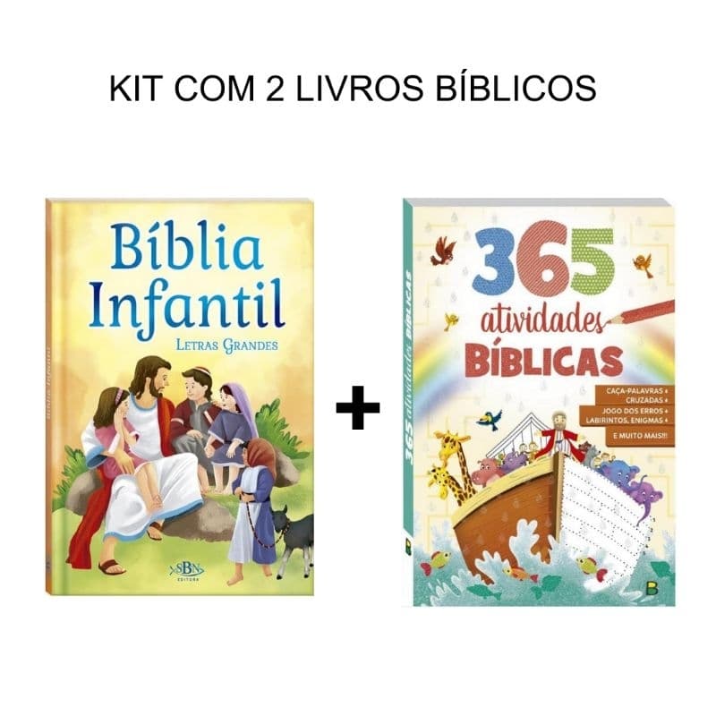 Kit Bíblia Infantil Letras Grandes + 365 atividades Bíblicas para colorir cristão vida de Jesus catequese