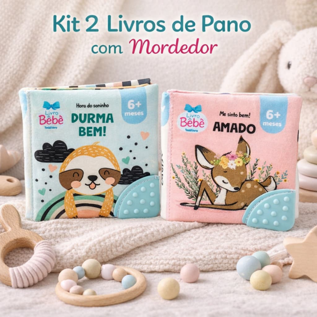Kit 2 Livro Infantil de Pano Macio Com Mordedor Silicone para Bebês Todo Livro