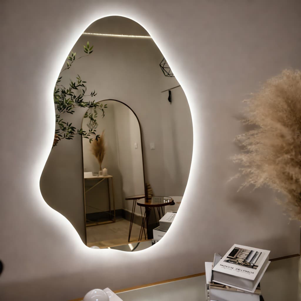 Espelho led orgânico abstrato Pinterest grande sala banheiro quarto com suporte fonte bateria