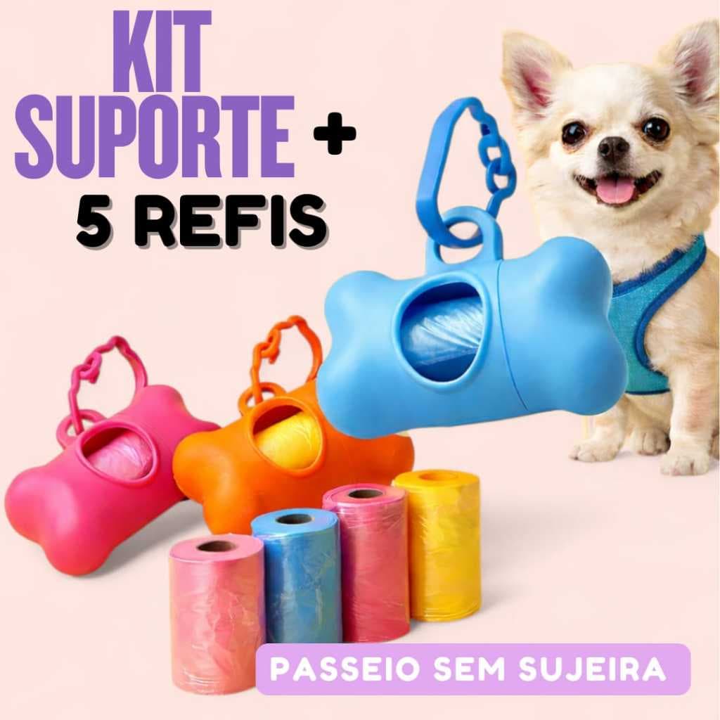 Kit Porta Refil Ossinho +  75 Saquinhos Cata Caca Higienicos Cachorro Gato