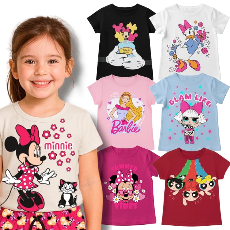 Kit Sortido Camiseta Estampada Feminina/Menina Infantil - Roupas de Verão Blusa Manga Curta