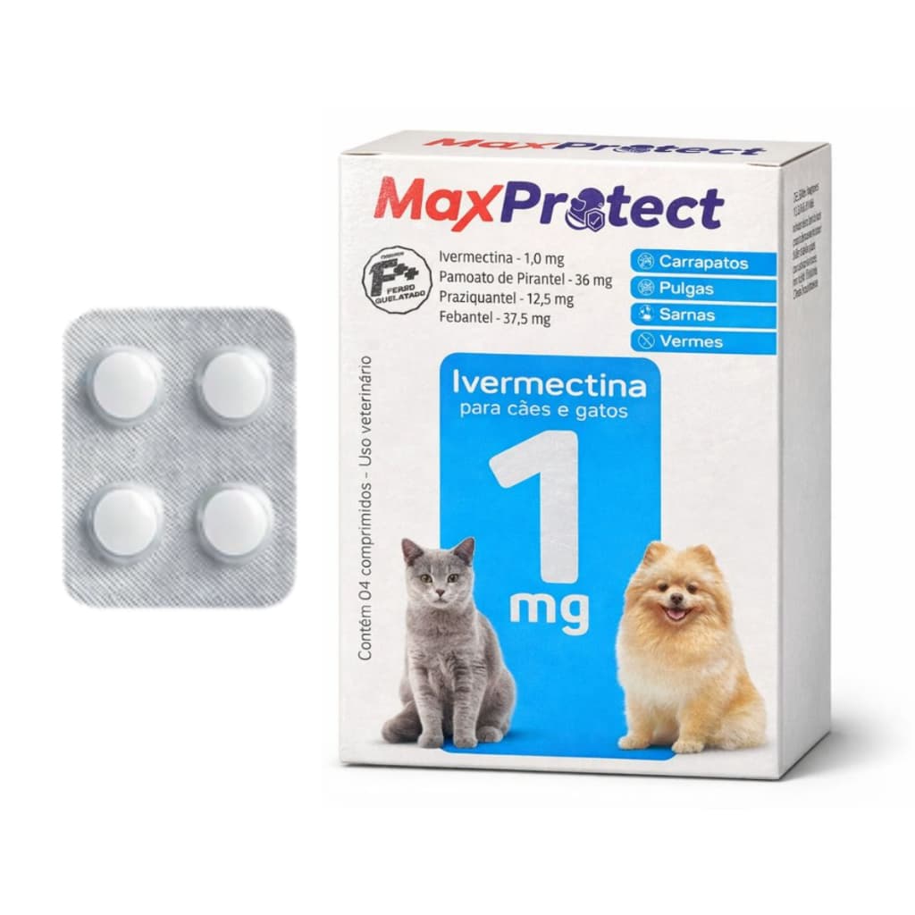 Antipulgas Carrapatos Sarna Vermes P/ Cães de 1kg a 7,5kg - 4 Comprimidos Ivermectina 1mg