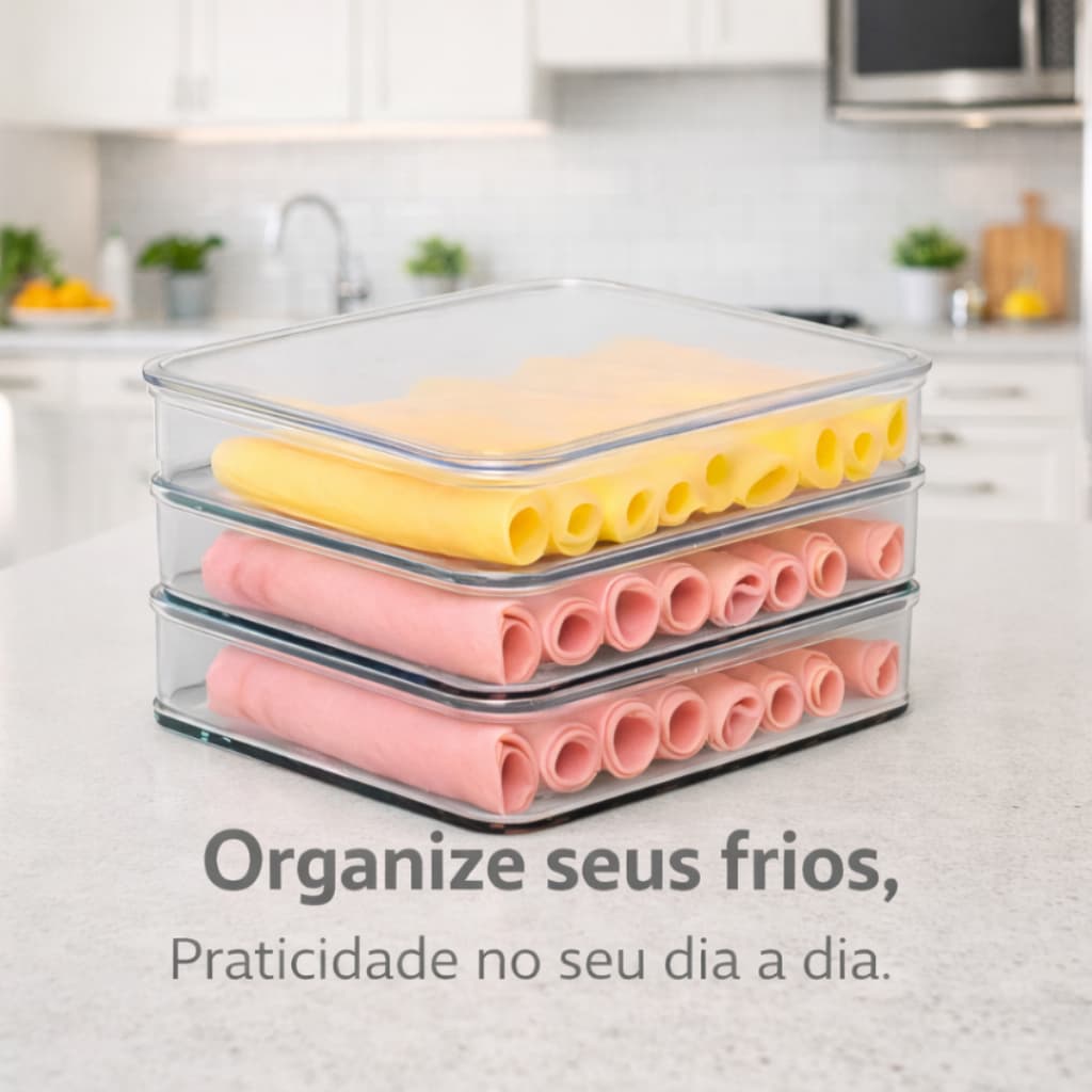Porta Frios Hermético Presunto Queijo Salame Kit Acrílico Resistente Triplo Pote Mantimentos