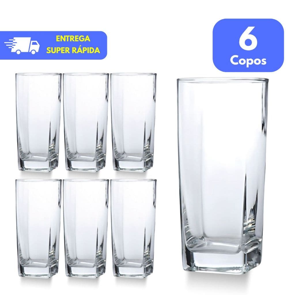 Jogo De 6 Copos Vidro 320ml Bali Quadrado Luxo Transparente