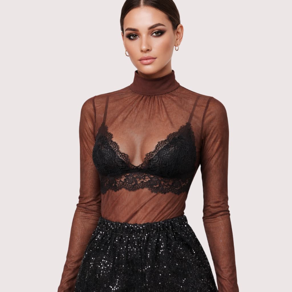 Body Feminino Tule Manga Longa Premium Gola Alta Tulle Preto Bory Collant Transparente